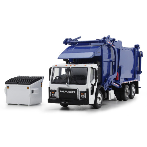 First Gear Mack LR with McNeilus Meridianª Front Loader & Trash Bin White/Blue 1/64 Scale