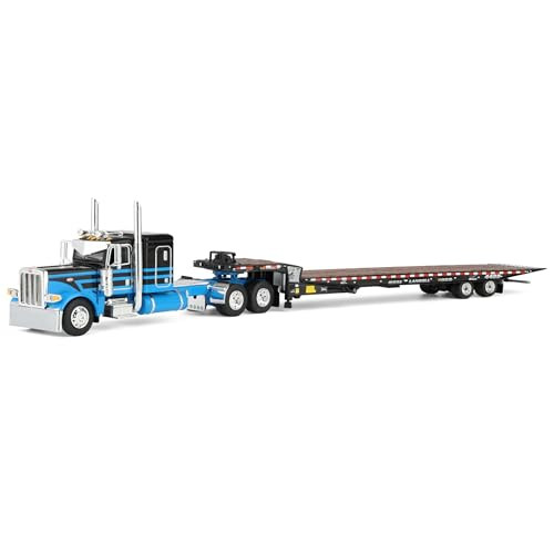 First Gear DCP Peterbilt 389 Flat Top Sleeper Semi Truck with Landoll 440B-50CA Traveling Axle Trailer, Blue/Black 60-2190