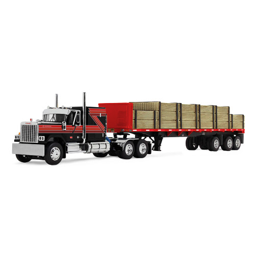 DCP by First Gear GMC General® with 60" Flat Top Sleeper & 48' Utility® Flatbed Trailer with Lumber Load – Black/Red, 1:64 Scale Diecast 60-2344