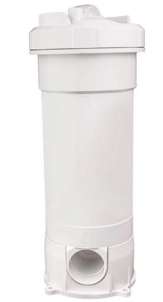 Cmp power clean tab econ in - line chlorinator with white lid.