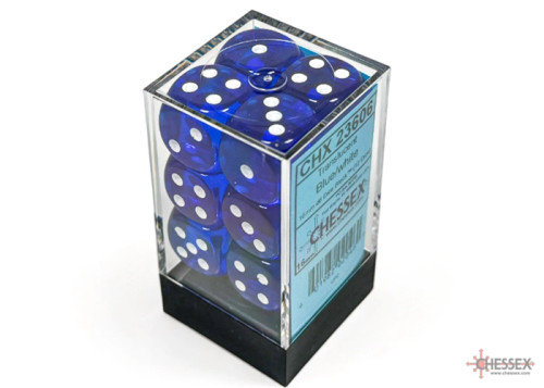 Translucent Blue/white 16mm d6 Dice Block (12 dice)