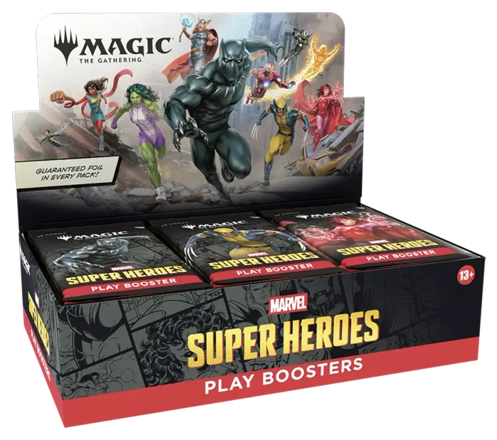 Magic: The Gathering Marvel Super Heroes Play Booster Box — sealed booster box packaging