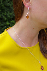 Long Delicate Teardrop Shape Earrings And Pendant Set Silver Amber