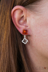 Clover Shaped Silver 925 Earrings Amber Colour Cognac