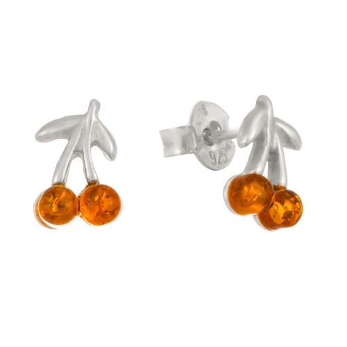 Cherry Shape Silver/Amber Stud Earrings  Colour Cognac