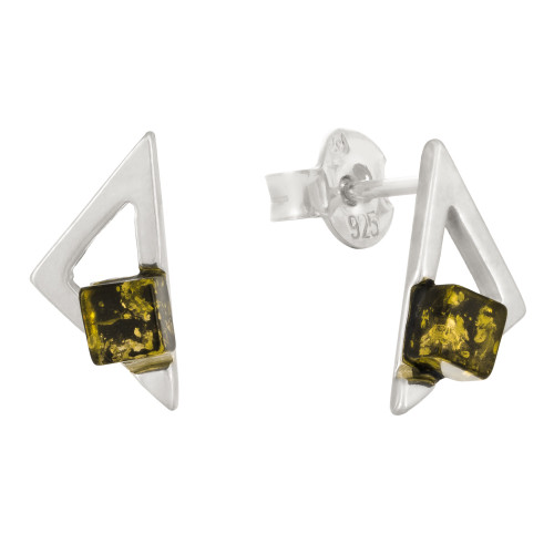 Modern Triangle Shape Earrings Silver Amber Colour Green