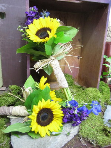 Sunflowers, purple stock & Delphinium