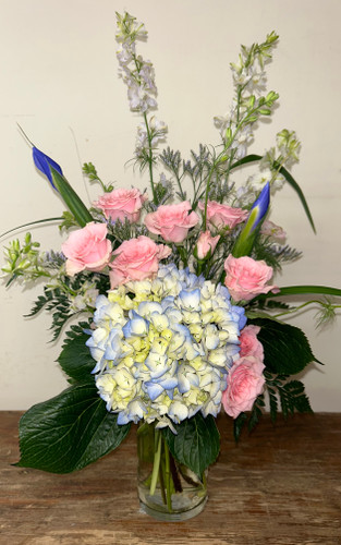 Iris, Roses, Hydrangea Vase