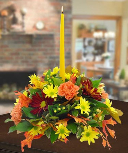 Autumn centerpiece with a candle to light up your Dinner Table and give Thanks.