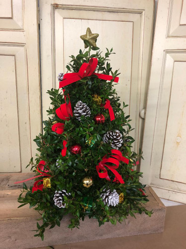 Hand made Boxwood tree decorated with bows, pinecones, millimeter balls , shiny packages. approximately 18inches tall.  Perfect for any table upgrade and add lights. 