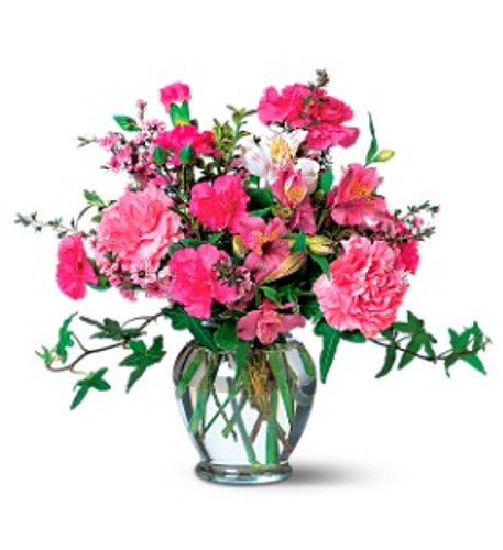 Carnations, alstroemeria and ivy are delivered in a petite, clear glass vase.