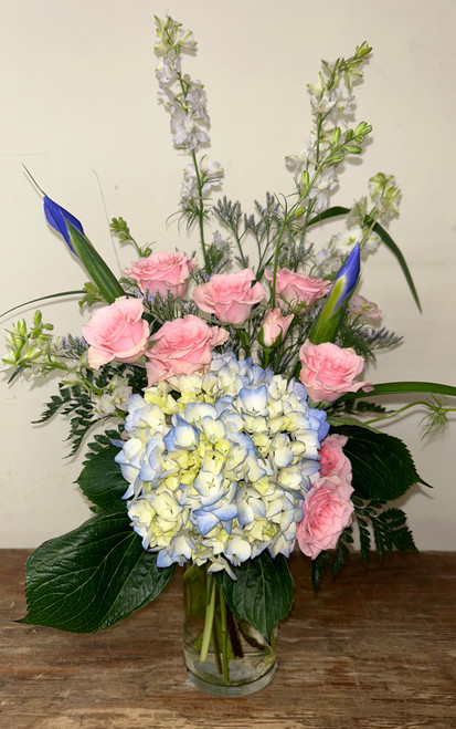 Iris, Roses, Hydrangea Vase