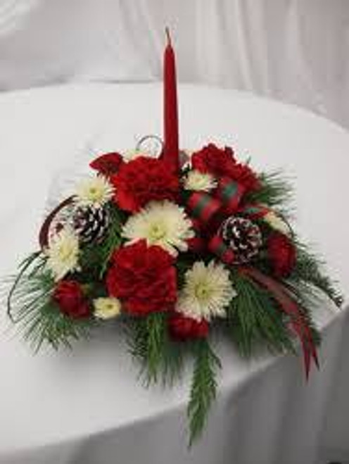 Our Best Seller. Local delivery only. Lovely centerpiece in red and white with ribbons and a candle.
