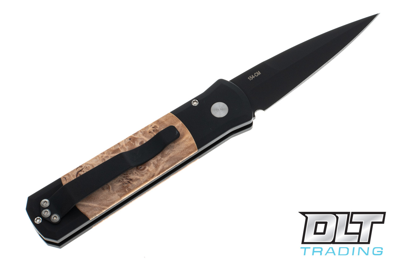 Pro-Tech Godson - Black Handle & Blade - Maple Burl Inlay