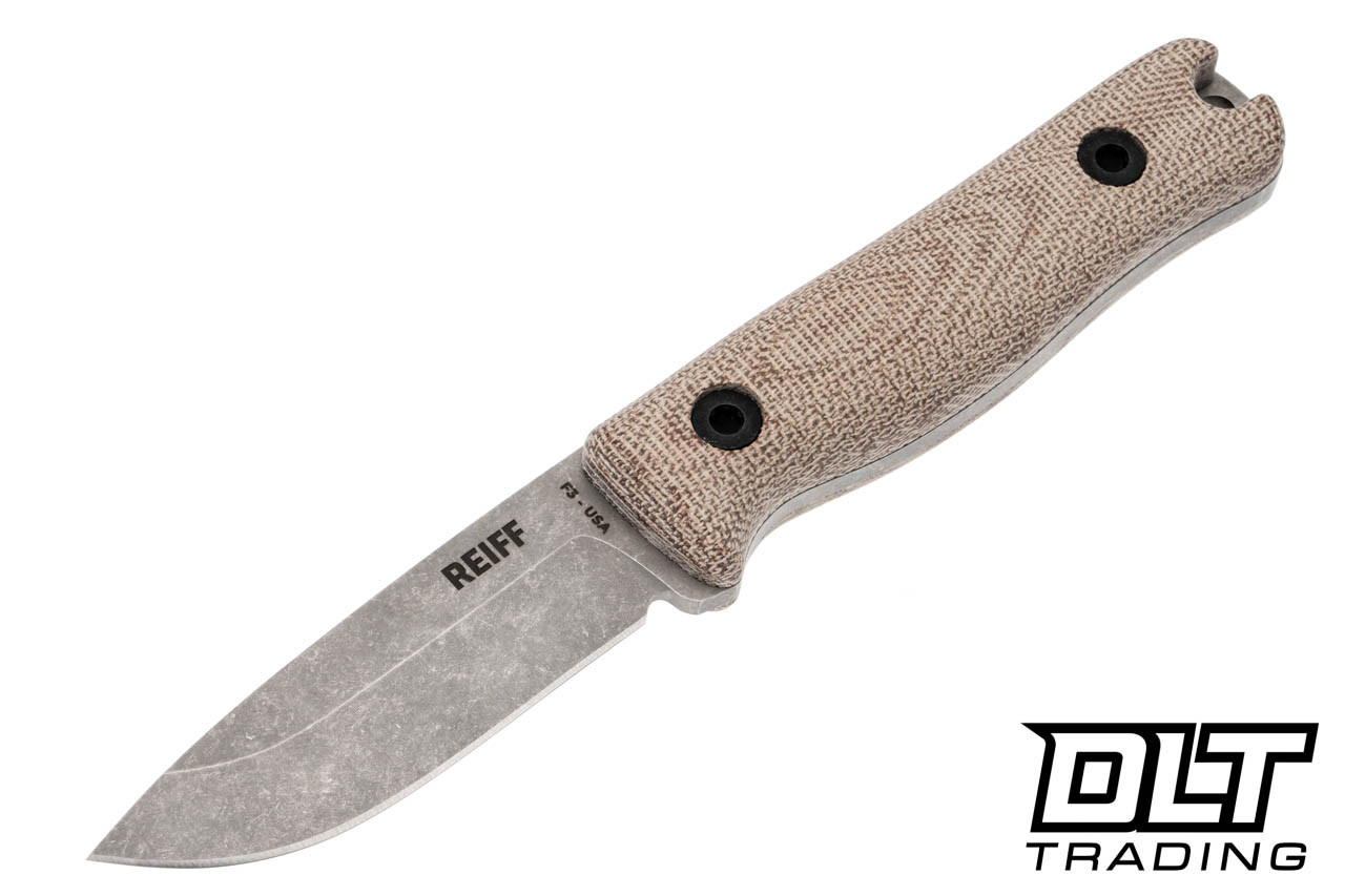 Reiff F3 EDC MagnaCut - Natural Canvas Micarta - Leather Sheath