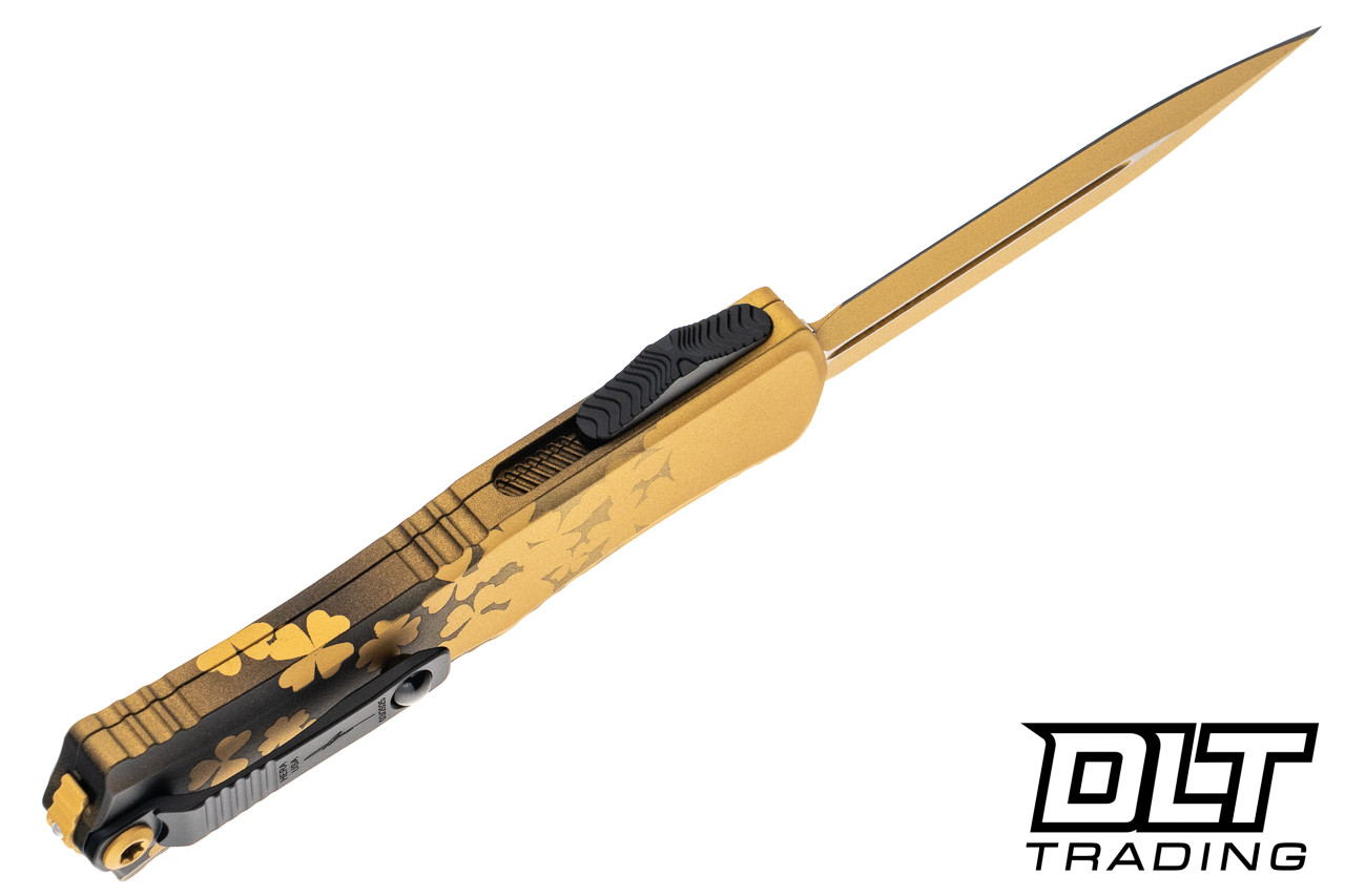 Microtech 1702M-1SPDGDS Mini Hera D/E - Gold & Black Clover Handle