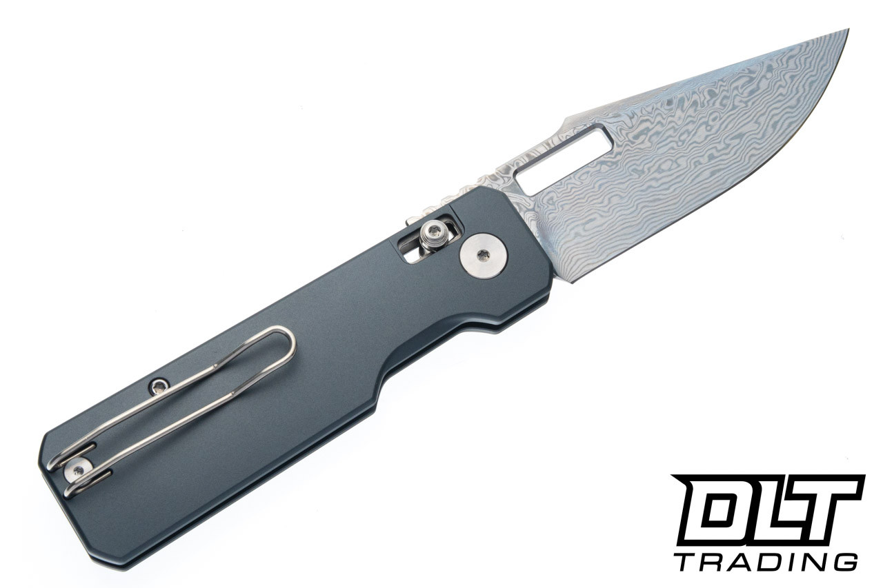 Vero Engineering Aura - Grey Aluminum - Damascus Drop Point Blade