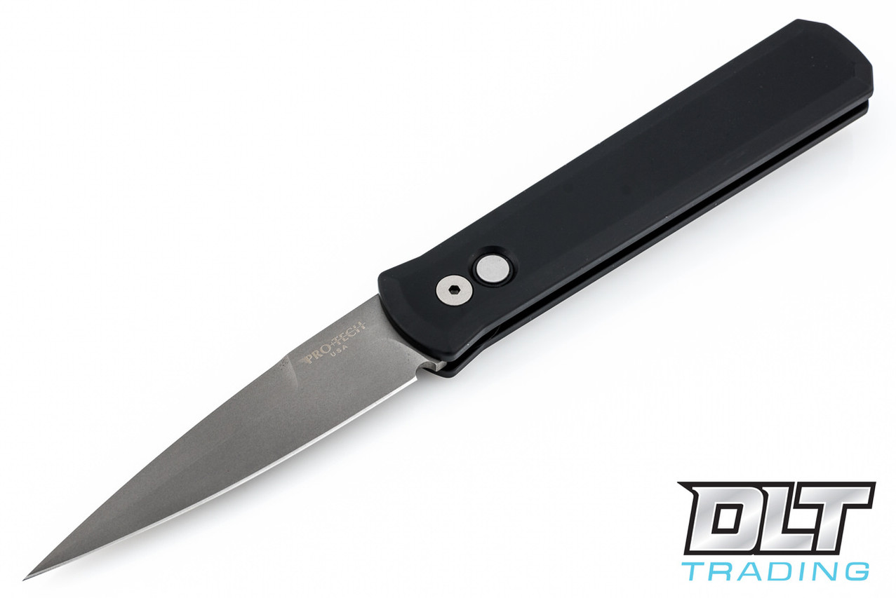 高品質 フローライト 天使の翼 手彫り ブラックスタンド付き Pro-Tech Godfather Black | Bead Blasted 154CM | Auto Button Lock