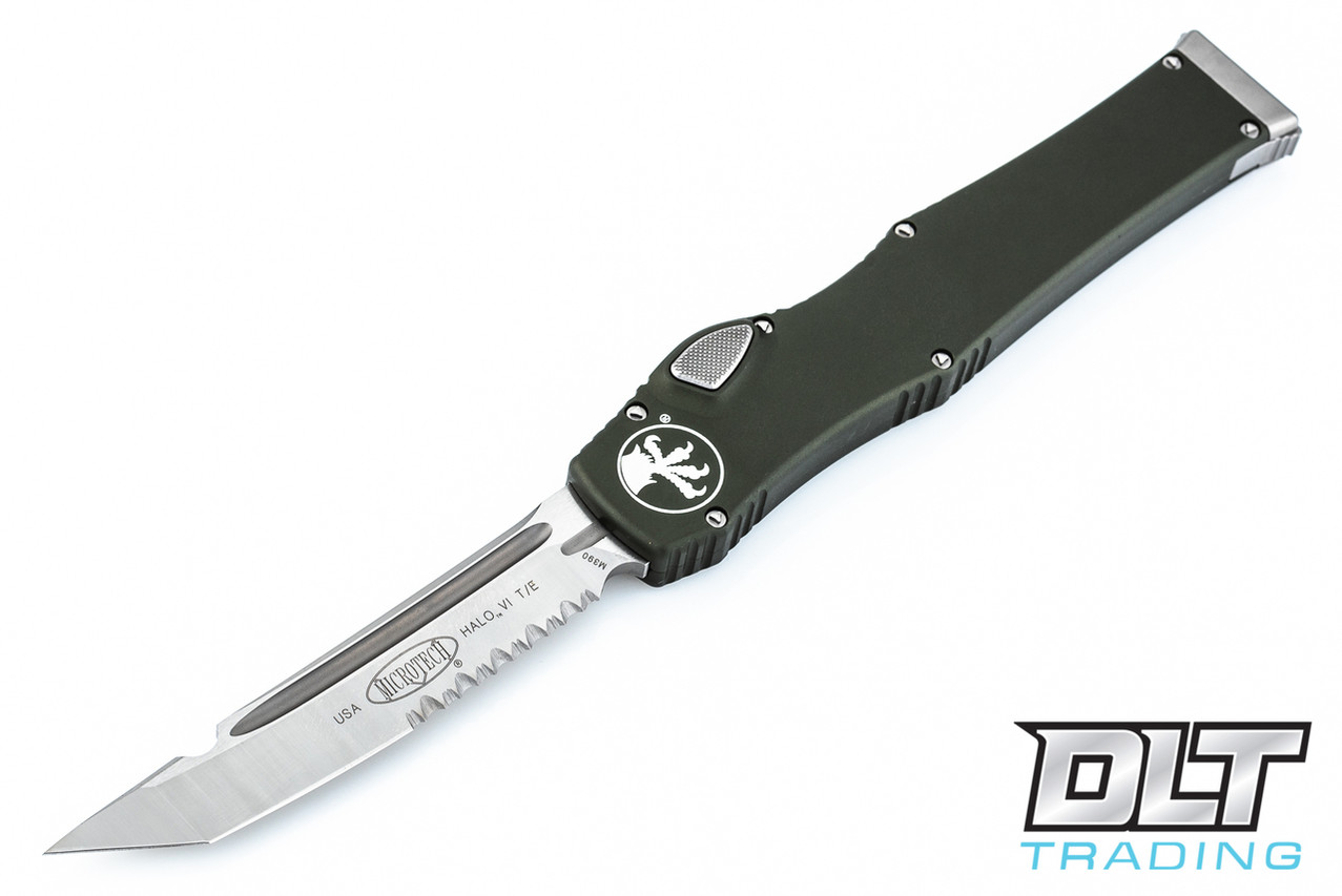 Microtech Halo VI T/E - Green Handle - Satin Blade - Partial Serrations