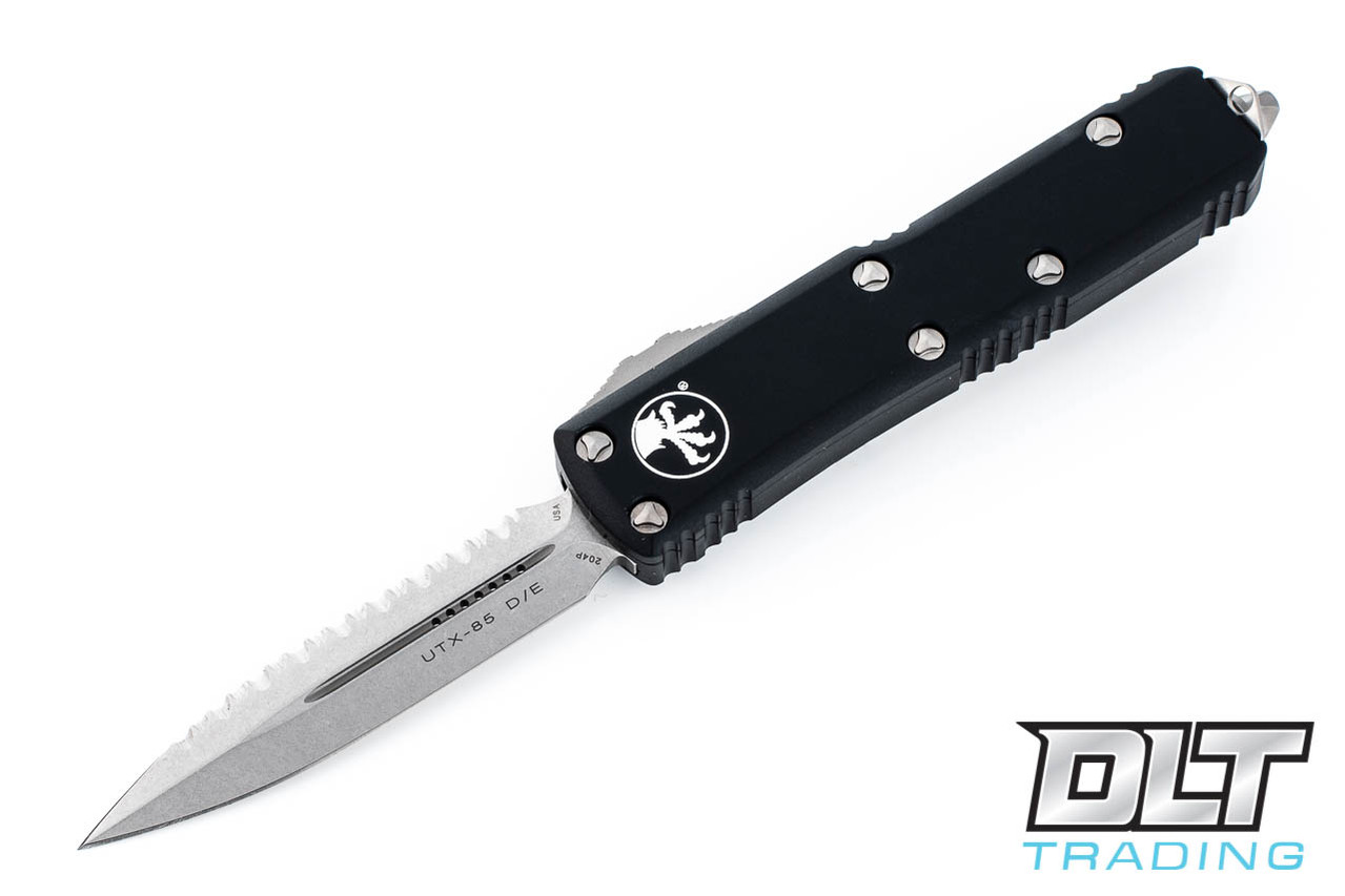 Microtech UTX-85 D/E - Black Handle - Full Serrations - Stonewash