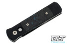 Pro-Tech Godson with black aluminum handle and blue dark matter carbon fiber inlays with a black, dlc spear point blade shown closed