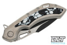 Olamic Cutlery Wayfarer 247 Harpoon - Two Tone PVD Matte Blade - Orange Peel Titanium Handle - Black & White Stone Inlay - 423