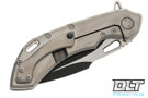 Olamic Cutlery Wayfarer 247 Harpoon - Two Tone PVD Matte Blade - Orange Peel Titanium Handle - Black & White Stone Inlay - 423