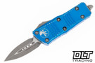 Microtech 238-10DBL Mini Troodon D/E - Distressed Blue Handle - Apocalyptic Blade Microtech 238-10DBL Mini Troodon D/E - Distressed Blue Handle - Apocalyptic Blade