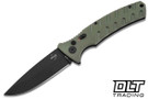 Boker Plus Large Strike folding knife with a black blade and green Grivory handles, shown open. 