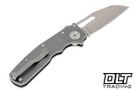 Demko Shark Cub with smooth titanium handles and a satin 20CV Shark Foot blade showing ambidextrous pocket clip side. 