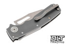 Demko Shark Cub with smooth titanium handles and a satin 20CV Shark Foot blade shown in the closed position with the deep carry pocket clip. 