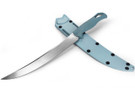 Benchmade Fishcrafter FIllet Knife in MagnaCut steel laying on top of sheath. 