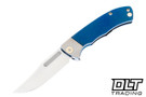 Vehement Mongrel S45VN - Blue Anodized Titanium - Brushed Bolster - Tumbled Blade - Brass Hardware