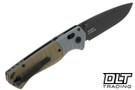 Benchmade 593BK PSK with Grey and OD Green handles with a coated blade, showing pocket clip.