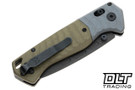 Benchmade 593BK PSK with Grey and OD Green handles with a coated blade showing deep carry pocket-clip.