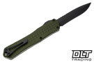 Manticore X features 3.70" DLC MagnaCut recurve blade, OD green aluminum grenade grip. Double-action deployment.