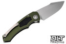 Heretic Pariah automatic features 3.77" bead blasted MagnaCut drop point, OD green aluminum with griptape inlays.