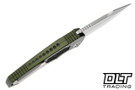 Heretic Pariah automatic features 3.77" bead blasted MagnaCut drop point, OD green aluminum with griptape inlays.