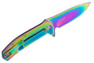 Kershaw Outcome 2044RBW with 2.8" rainbow PVD 8Cr13MoV drop point blade, rainbow stainless steel handle, assisted opening, frame lock, flipper tab, 3.4 oz, reversible deep-carry clip.