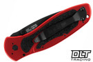 Kershaw Blur 1670K50 50th Anniversary with black oxide CTS-BDZ1 tanto blade and red aluminum handle shown closed with a black pocket clip. 