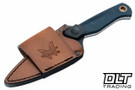 Benchmade Dacian with blue denim micarta handle and MagnaCut blade in brown leather  sheath.