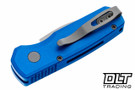 Pro-Tech Runt 5 with MagnaCut Wharncliffe blade and blue aluminum handle.