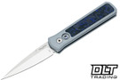 Pro-Tech Godson - Grey Aluminum Handle - Purple Marble CF Inlay - Satin 20CV Blade - Abalone Button