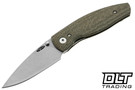 TRM Neutron 2 folding knife with 3" MagnaCut drop point blade and contoured 3D Lizard Skin OD Green Micarta scales. Lightweight EDC at 2.5oz. Made in USA. Shown open.
