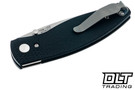 Jet black TRM Neutron folding knife shown in the closed position with a deep-carry pocket clip. 