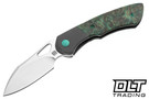 Olamic Cutlery WhipperSnapper Bolsterlock Wharnfoot - Satin Blade - Karelian Birch - Dark Blast Bolster - Green Matte Accents - Green Zig Zag Backspacer - 770