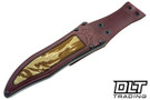 RMJ Tactical Marauder 3V - Savage Stainless - Hyena Brown G-10 - Oxblood Leather with Desert Tiger Stripe Inlay Sheath