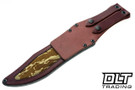 RMJ Tactical Marauder 3V - Savage Stainless - Hyena Brown G-10 - Oxblood Leather with Desert Tiger Stripe Inlay Sheath