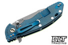 Hinderer XM-24 Harpoon Spanto S45VN - Battle Blue Anodized Titanium - Working Finish Blade - Translucent Green G-10