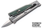 Reate EXO-OG OTF - Double Edge Satin Stonewashed Elmax Blade - Bead Blast Titanium - OD Green Micarta Inlay